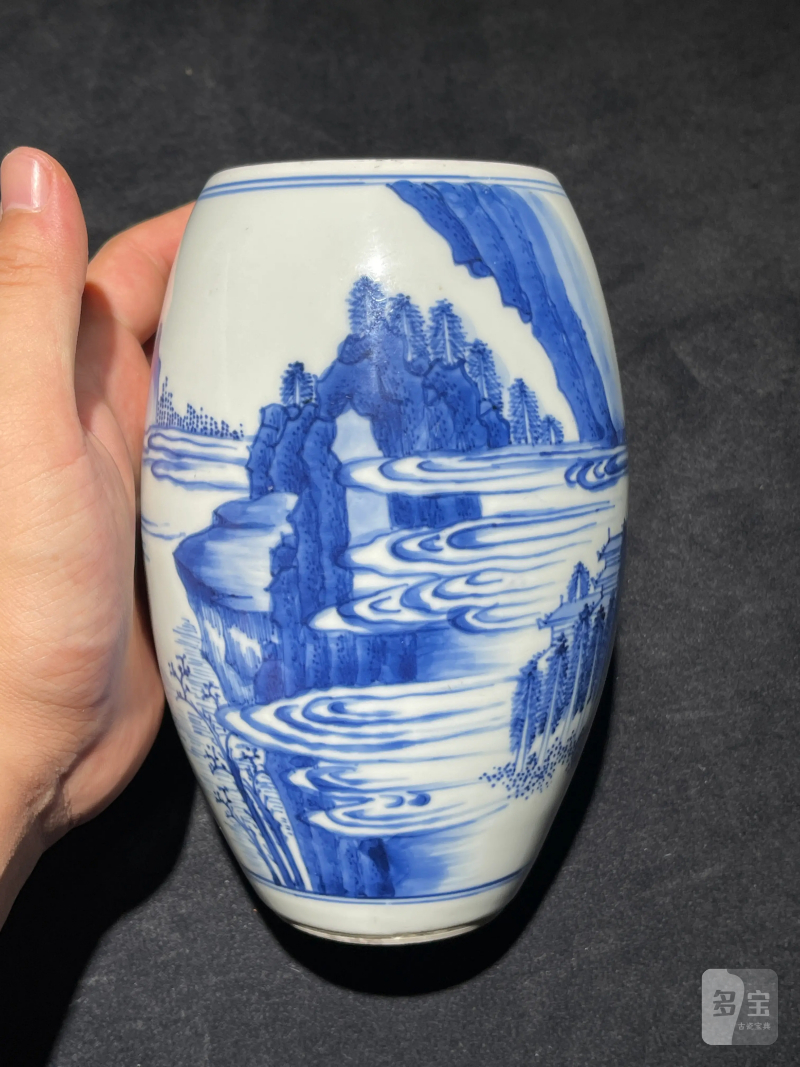 明崇祯 青花山水纹莲子罐 - 图4